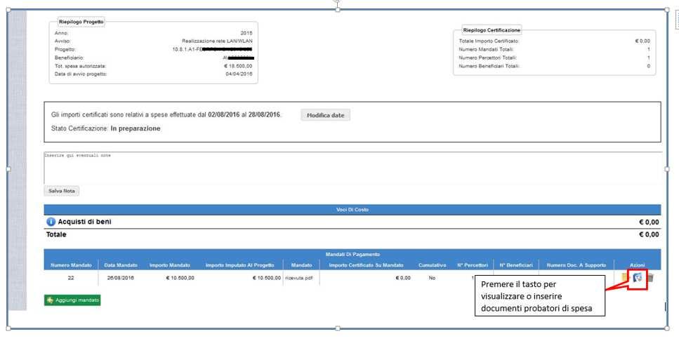 Associazione documenti probatori di spesa L utente accede alla seguente schermata dopo aver premuto il tasto Avanti dalla schermata di inserimento del mandato oppure premendo il tasto Documenti,