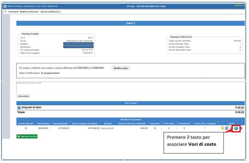 Associazione delle voci di costo Dopo aver associato il percettore e il beneficiario al documento, l utente deve associare le Voci di Costo.