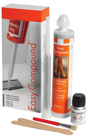 158 SAM EasyCompound Easy Compound è un kit sigillante a due componenti per la sigillatura garantita delle giunture tra piastrella e Easy Drain. Easy Compound è adatto per tutti i tipi di piastrelle.