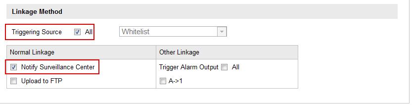 10 Settaggio Triggering Source Notify Surveillance Center è abilitato di default, inoltre si possono selezionare Upload to FTP e Trigger Alarm Output. Fig.