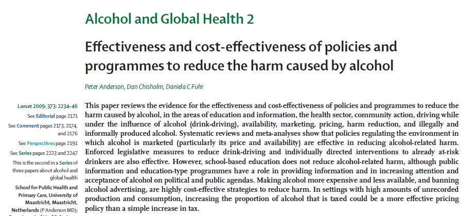politiche sull alcol, realizzando revisioni e materiali di supporto per gli Stati Membri Questo report,