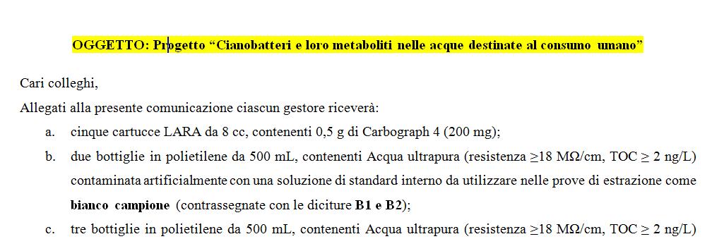 Microcistine algali - Organizzazione di un interconconfronto per la misura di Microcistine algali esteso anche a Laboratori di altre società - Interconfronto per i riconoscimenti algali su campioni