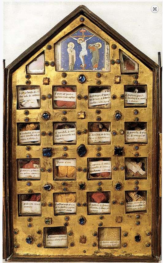 Tabernacolo reliquiario con miniatura (crocifissione con la Vergine e san