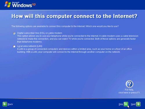 Passo 16 Se si usa una connessione analogica per l accesso a Internet o se l installazione di Windows XP non riesce a connettersi a Internet, ci si potrà collegare a Internet alla fine dell