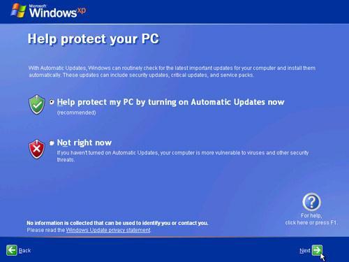 Passo 14 Nella schermata "Proteggi il tuo PC", selezionare "Proteggi il mio PC attivando la funzionalità Aggiornamenti automatici