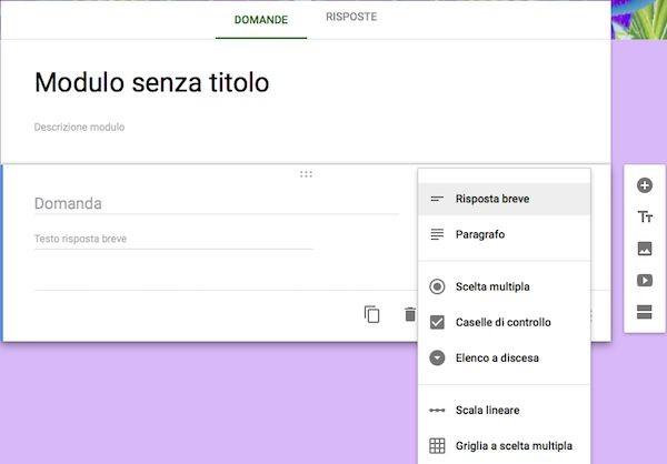 agli utenti. Subito sotto, potete inserire, se necessario, una descrizione, o spiegazione. Scegliere il tipo di domanda. Cliccare per aprire il menù a tendina.