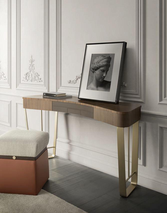 Bellissima console with structure in canaletto walnut and inserts in rawhide leather, one central drawer