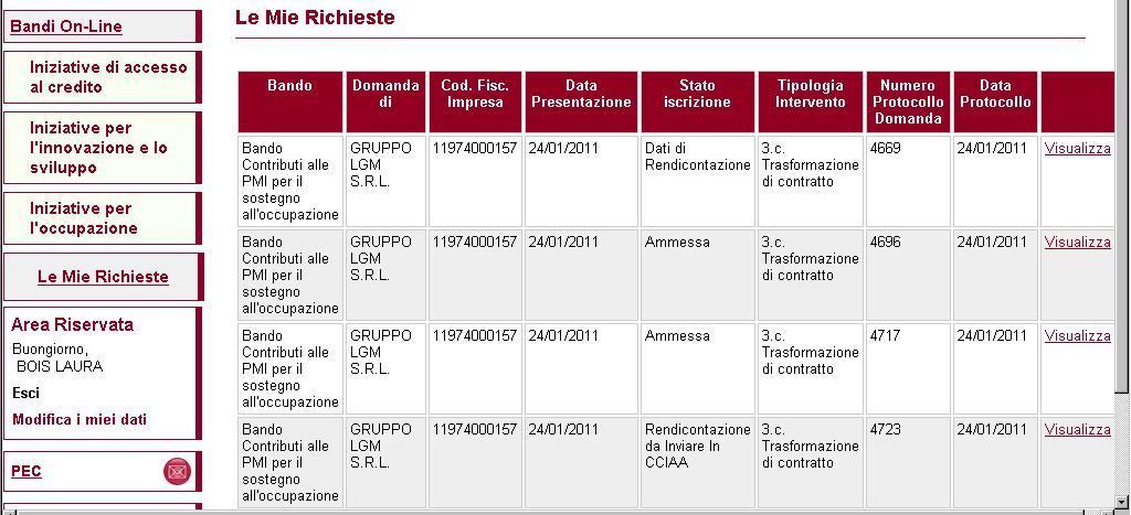 Si apre quindi una schermata che riporta i dati inseriti nella domanda di partecipazione al Bando e i dati di istruttoria.