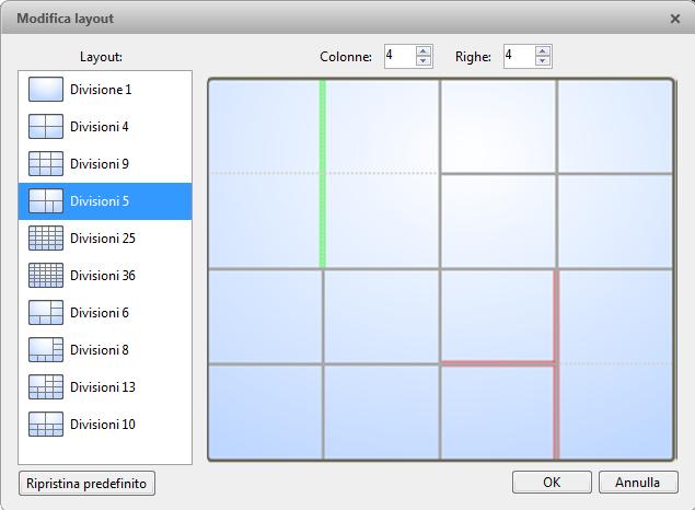 Avigilon Control Center Player Figura B. Finestra Modifica layout o o o Per creare un image panel più grande, selezionare una linea grigia per eliminare il bordo tra due image panel.