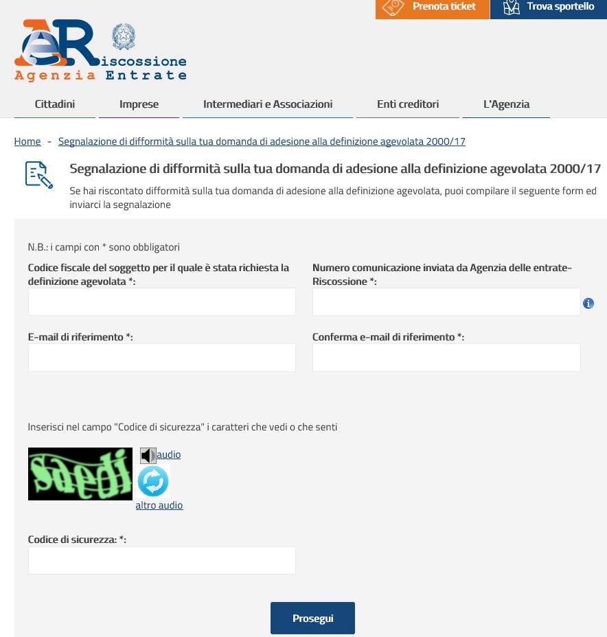 su cui ricevere la convalida della richiesta; inserisci il codice di sicurezza; clicca su Prosegui.