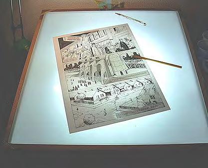 Per arrivare alla tavola definitiva, il lavoro consiste nel ricalcare il layout su un nuovo foglio grazie ad un tavolo luminoso o visore che ci permette