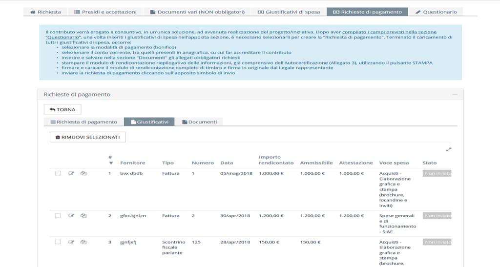 Una singola Richiesta di pagamento è composta da tre sottosezioni: Richiesta di pagamento Selezionare: - il tipo di rendicontazione (a saldo) - la modalità di pagamento (bonifico) - il conto