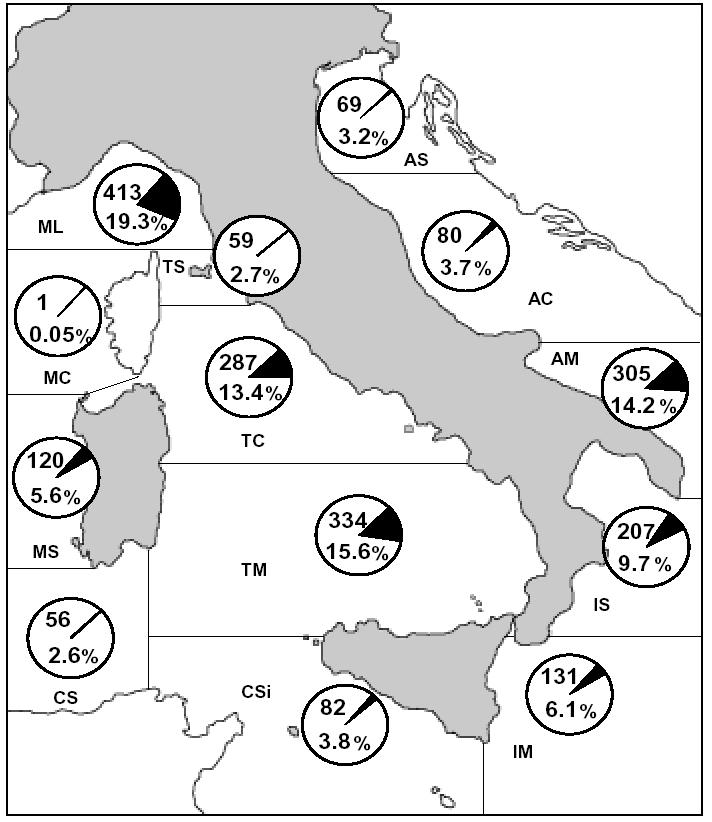 Pagina 51 di 90 Figura 4-24: distribuzione geografica dei ritrovamenti negli 11 anni dal 1986 al 1996.