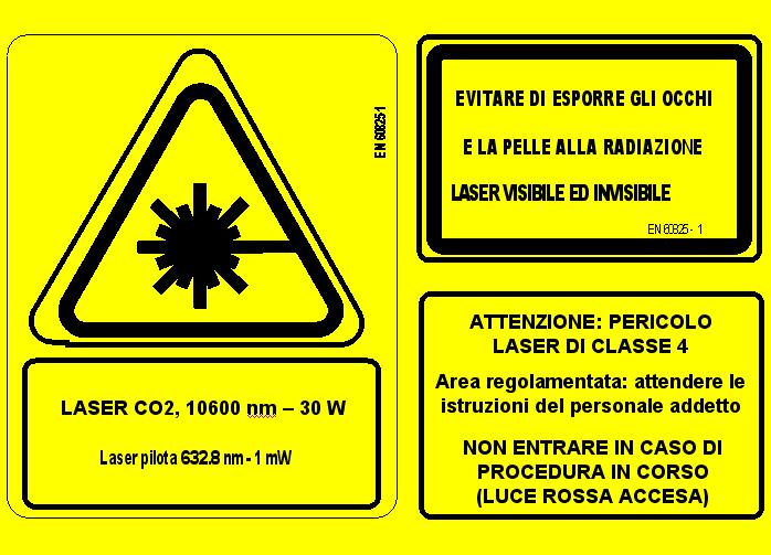 Normativa dispositivi e segnaletica Il cartello giallo deve - per legge - riportare: i dati di emissione del laser :, potenza e/o energia per