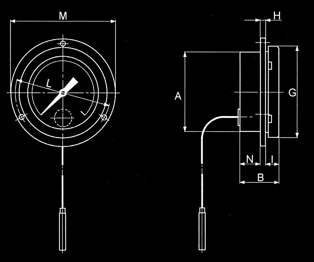 ST 383 Termometro a distanza per montaggio incassato e fissaggio con 3 fori Distance reading thermometer for flush mounting with 3 fixing holes Table ST 383 DN A B C D E F G H I L M N Ø fori 100 103