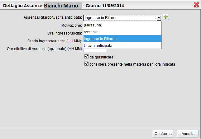 Appello Dettaglio assenze Ingresso in ritardo Dalla finestra «Dettaglio assenze»