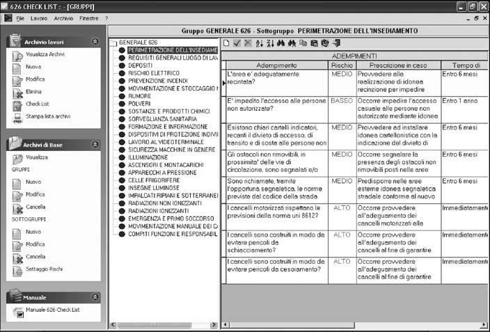 Software 626 CHECK LIST Sottogruppi Nuovo; Modifica; Cancella; Settaggio Rischi.