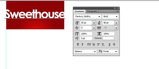 Scriviamo il logo/nome di Sweethouse, con il font Century Gothic in grassetto (rimaniamo sul semplice) e il colore bianco.