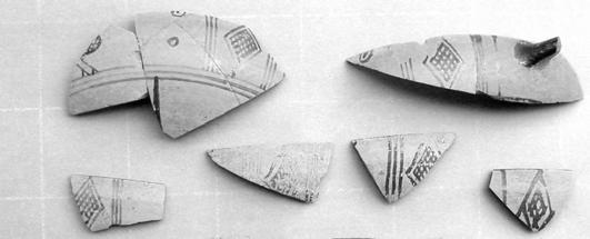Fig.4. Frammenti di coppe ad uccelli con raggera nella parte inferiore, rinvenuti nell Athenaion sul Timpone della Motta. (650-615 a. C.
