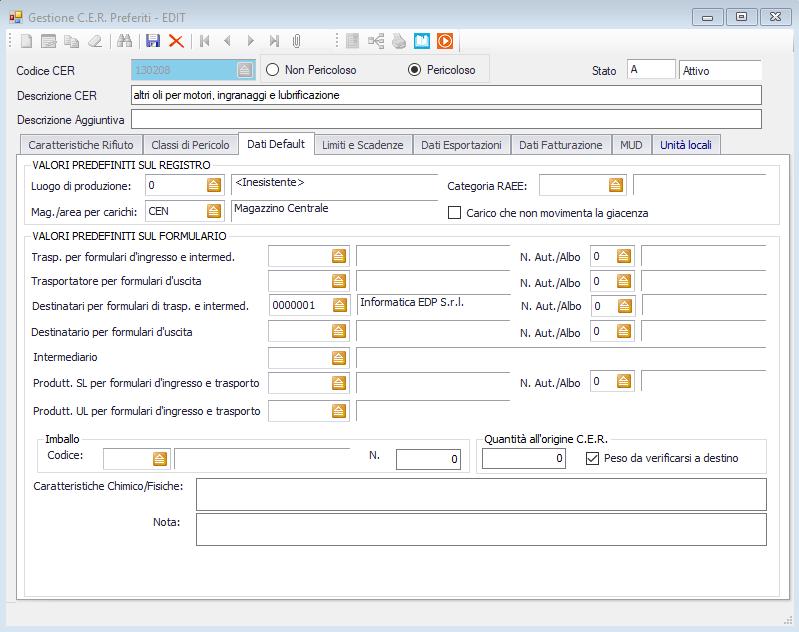 Dati Default Nella linguetta Dati default, puoi inserire facoltativamente dei valori tipici che ti saranno proposti in automatico alla compilazione del Registro o del Formulario velocizzandola.