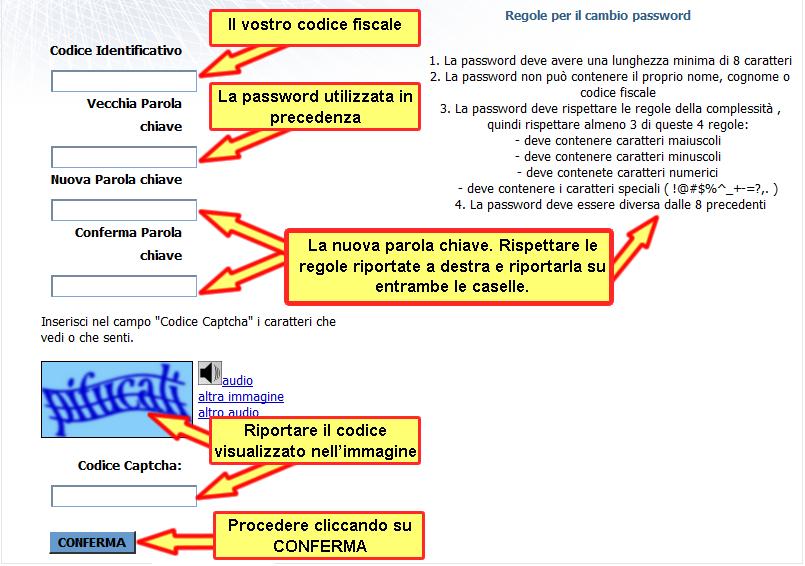 In caso di primo accesso la password risulta scaduta e il sistema ne chiede obbligatoriamente il cambio. Se richiesto impostare o aggiornare le domande di sicurezza e procedere.