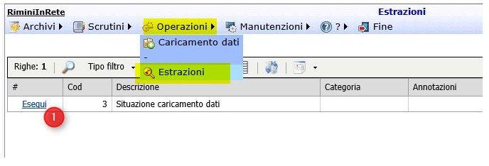 Attività sul portale Verifica situazione caricamento dati frequenze/valutazioni Per verificare le frequenze e le valutazioni caricate accedere al menù Operazioni Estrazioni selezionando in (1) la