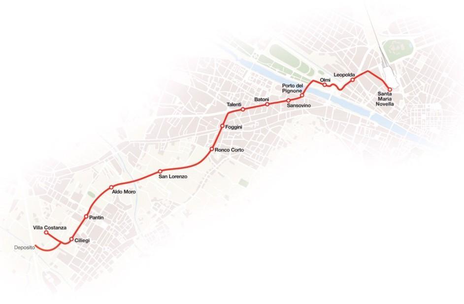 La linea T1: Villa Costanza Santa Maria Novella Caratteristiche tecniche Lunghezza tracciato: Numero fermate: Frequenza ora di punta: Orario di servizio: Numero veicoli: 7,404 km 12 + 2 capilinea 4