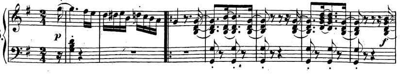 L. van Beethoven, Trio in Si maggiore, op. 97, I. Allegro moderato Nel seguente esempio, in tempo 2/4, abbiamo due esempi di sincope irregolare.