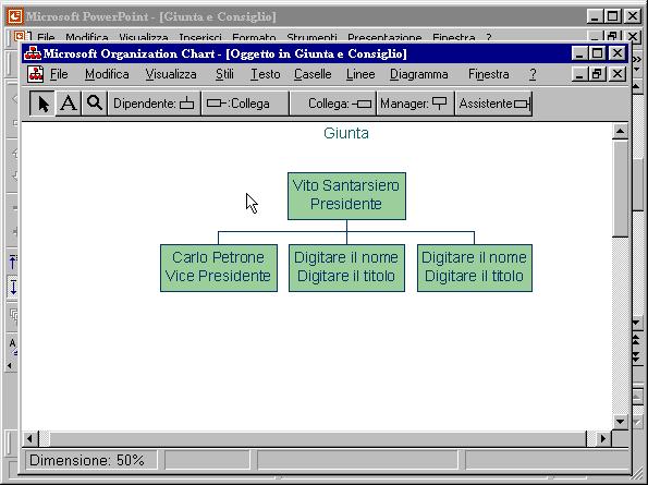 PowerPoint apre una finestra di Organization Chart, un supporto operativo che permette di strutturare degli organigrammi. Andiamo a vedere come funziona.