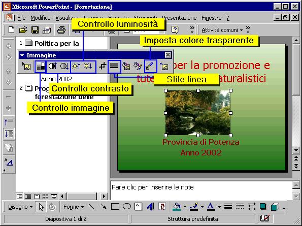 Supponiamo di voler inserire nella presentazione Forestazione un'immagine salvata precedentemente nell'hard-disk. 1. Scegli la voce Immagine dal menu Inserisci. 2. Seleziona l'opzione Da file.