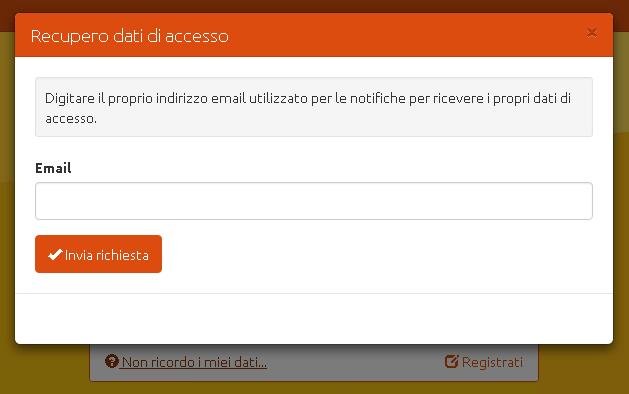 Da questa form è possibile accedere all area riservata digitando il proprio codice utente e relativa password, oppure nel caso non si ricordino più, si può richiedere i propri dati per email con