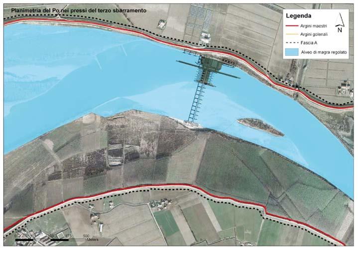 suolo & sottosuolo Pianta di una delle traverse previste dal progetto di regimazione del fiume, con il comportamento in regime di magra e in caso di piena un numero di conche non ancora definito per