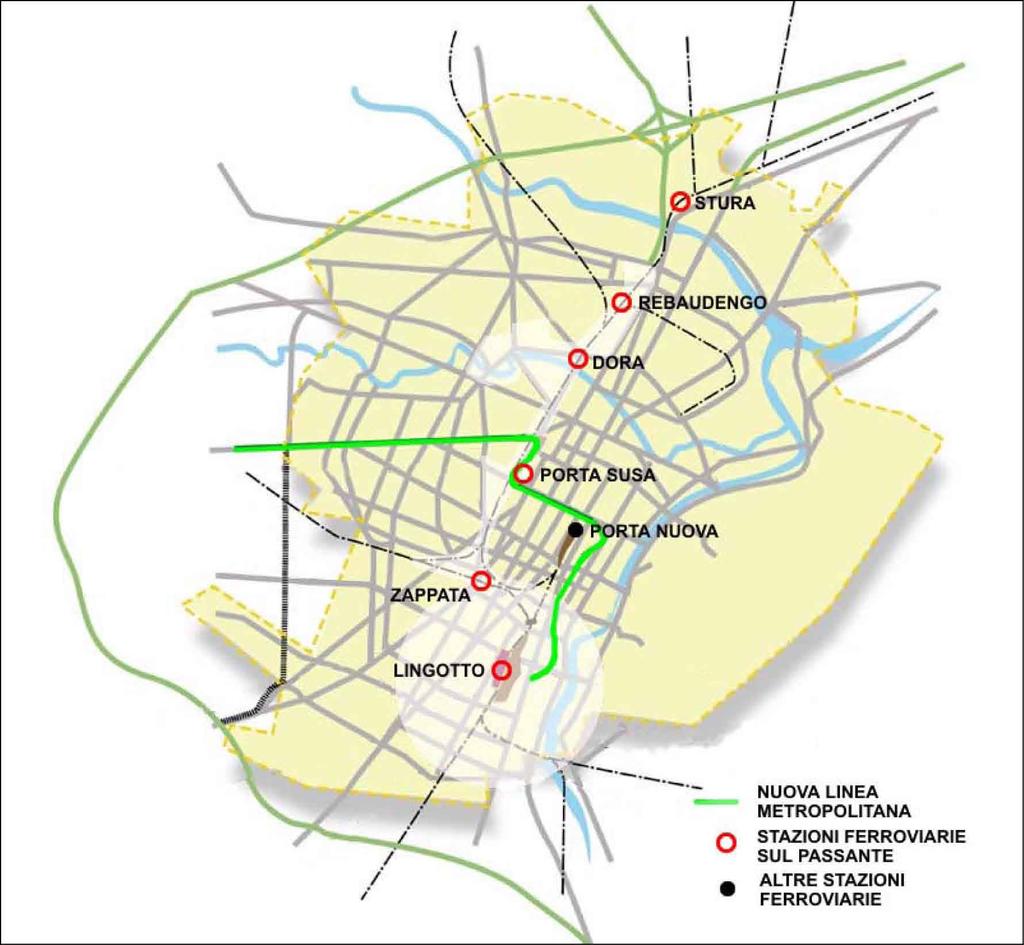 18 Figura 11: Stazioni ferroviarie e nuova linea della metropolitana in relazione alle aree di trasformazione urbana (immagine elaborata a partire da http://www.oct.torino.it/index0.