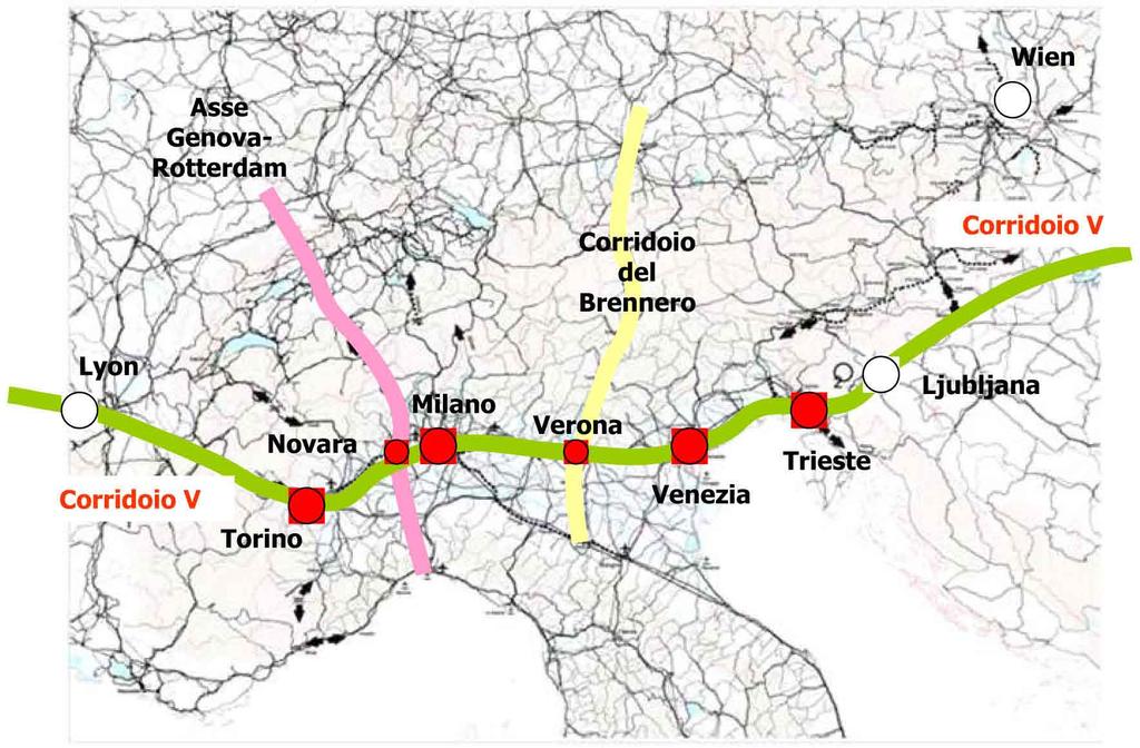 2. LE OPERE MONITORATE E I DATI RACCOLTI 9 Figura 2: Il Corridoio 5 da Lione a Lubiana.