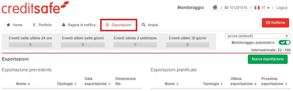 Esportazioni La sezione Esportazioni permette di scaricare la propria anagrafica sottoposta a monitoraggio.