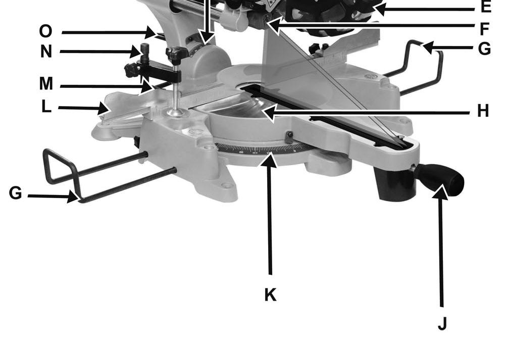 Bevel cut rotation handle K. Rotating base graduation L. vertical support base extensions N.