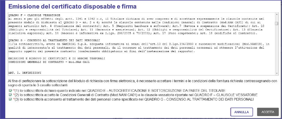 Viene visualizzata la finestra modale di accettazione delle condizioni di utilizzo del Certificato Disposable.