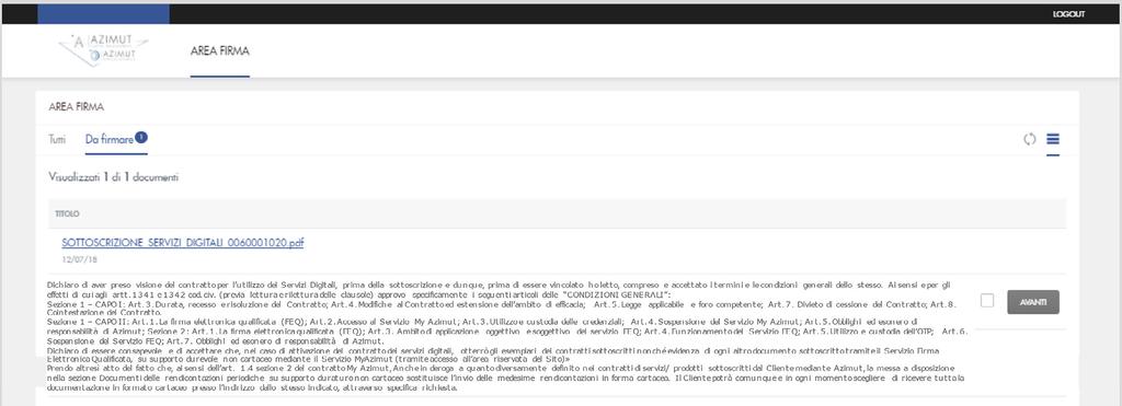 L utente verrà automaticamente reindirizzato alla pagina AREA FIRMA dove potrà proseguire visualizzando, cliccando sul link presente il contratto dei Servizi