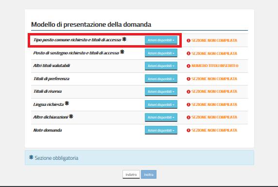 Se l utente vuole inserire il tipo posto deve cliccare su Azioni disponibili della relativa sezione e