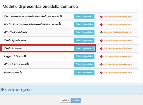 Se l utente vuole inserire i titoli di riserva posseduti deve cliccare su Azioni disponibili della relativa sezione e quindi sul tasto Inserisci come già descritto Il sistema prospetta una nuova