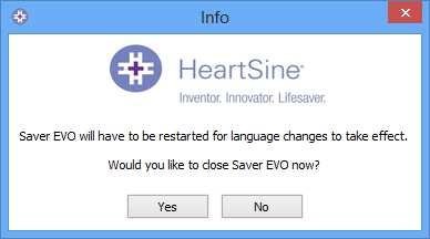 Facendo clic su Apply, apparirà la schermata seguente e Saver EVO dovrà essere riavviato affinché le modifiche della lingua diventino operative.