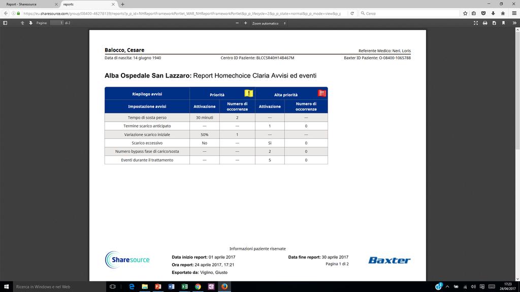 VALUTAZIONE TERAPIA REPORT AVVISI ED EVENTI DATI CLINICI PAZIENTE PRESCRITTO VS