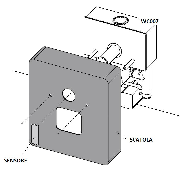 13 Posizionare la scatola su WC007 in modo che i filetti e i tubi escano dai rispettivi fori presenti sul componente. Effettuare i collegamenti elettrici prima di appoggiarlo contro la parete.