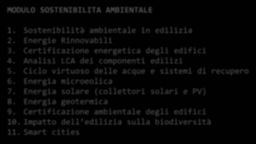 Analisi LCA dei componenti edilizi 5. Ciclo virtuoso delle acque e sistemi di recupero 6. Energia microeolica 7.