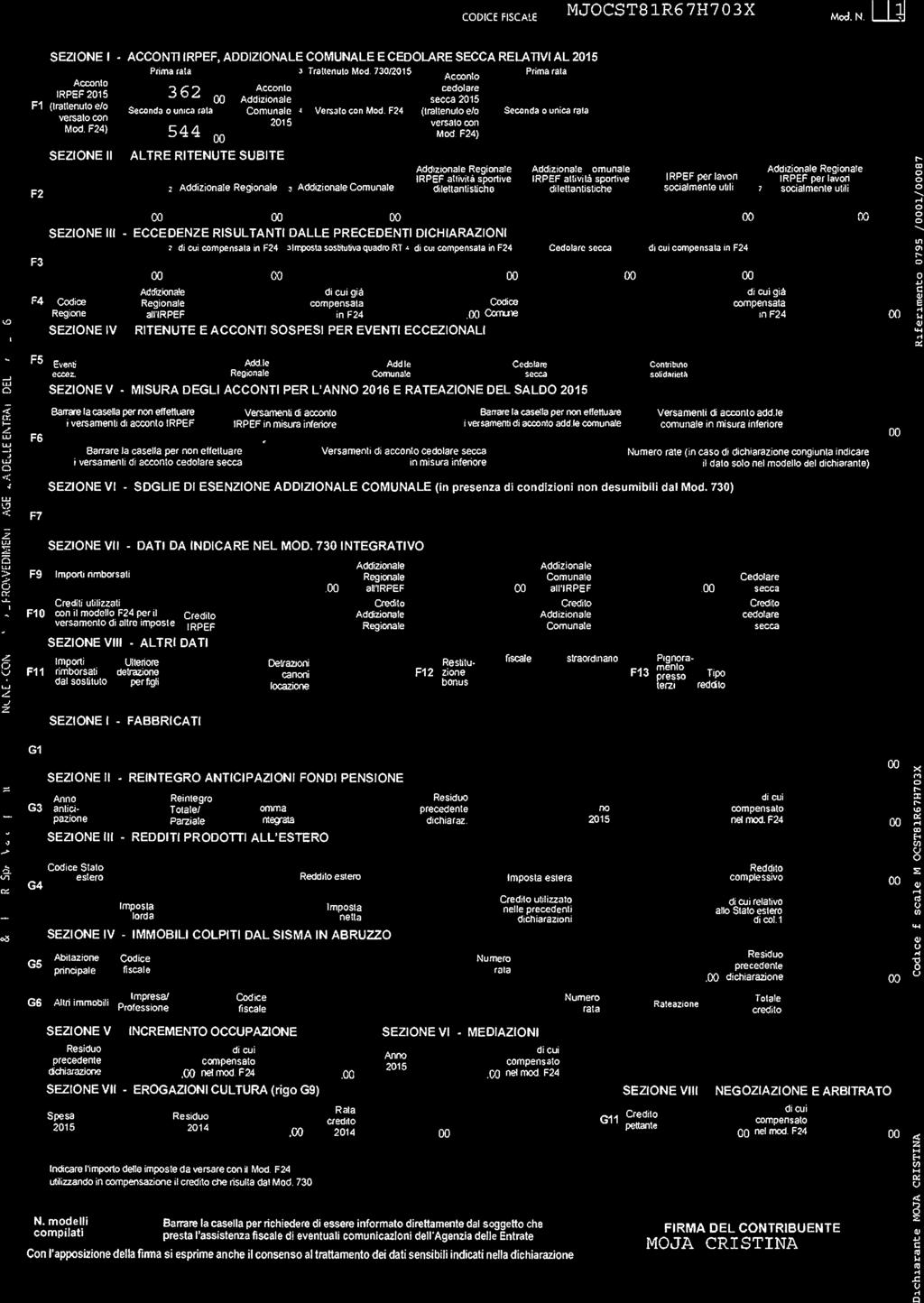 CODCE FSCALE MJOCST81R67}1703X Md.. LL SEZOE ACCOT RPEF. ADDZOALE COMUALE E CEDOLARE SECCA RELATV AL 015 Prma rata 13 Trattnuta Md.