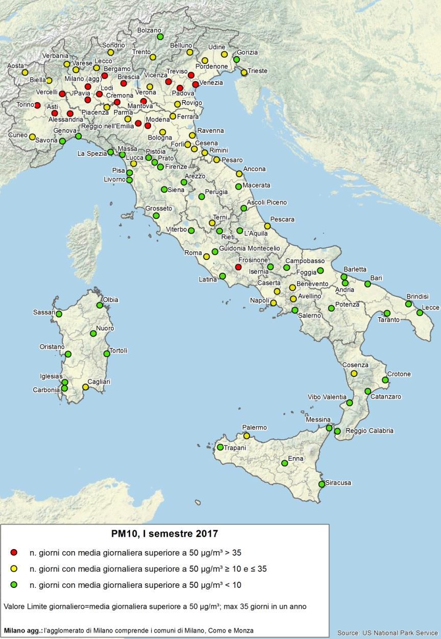 QUALITÀ DELL ARIA PM10 (2016) mancato rispetto del valore limite giornaliero del PM10 in 33 aree urbane su 102 con dati disponibili (l agglomerato di Milano contiene i comuni di Monza e Como e figura