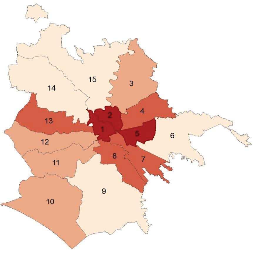 Fig. 1 Densità di fermate per municipio (fermate del trasporto pubblico locale per kmq). Roma Capitale.