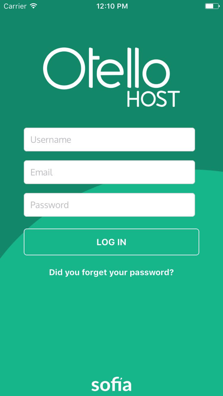 Otello Host Login Utente Una volta inserito il nome utente, l indirizzo e-mail e la password, premi "Accedi" per accedere all'applicazione.