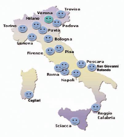 1. Padova 2. Treviso 3 Verona 4. Milano 5 Torino 6. Pavia 7. Bologna 8. Genova 9. Firenze 10. Pisa 11. Roma 12. Roma Tor Vergata 13. Roma 14.