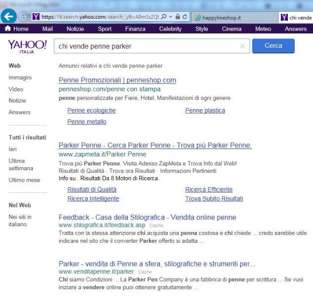 1 FASE: LE RISPOSTE DI YAHOO ALLE RICERCHE 1- Vendita penne parker 1 pagina 3 posto dopo 3 siti che pagano